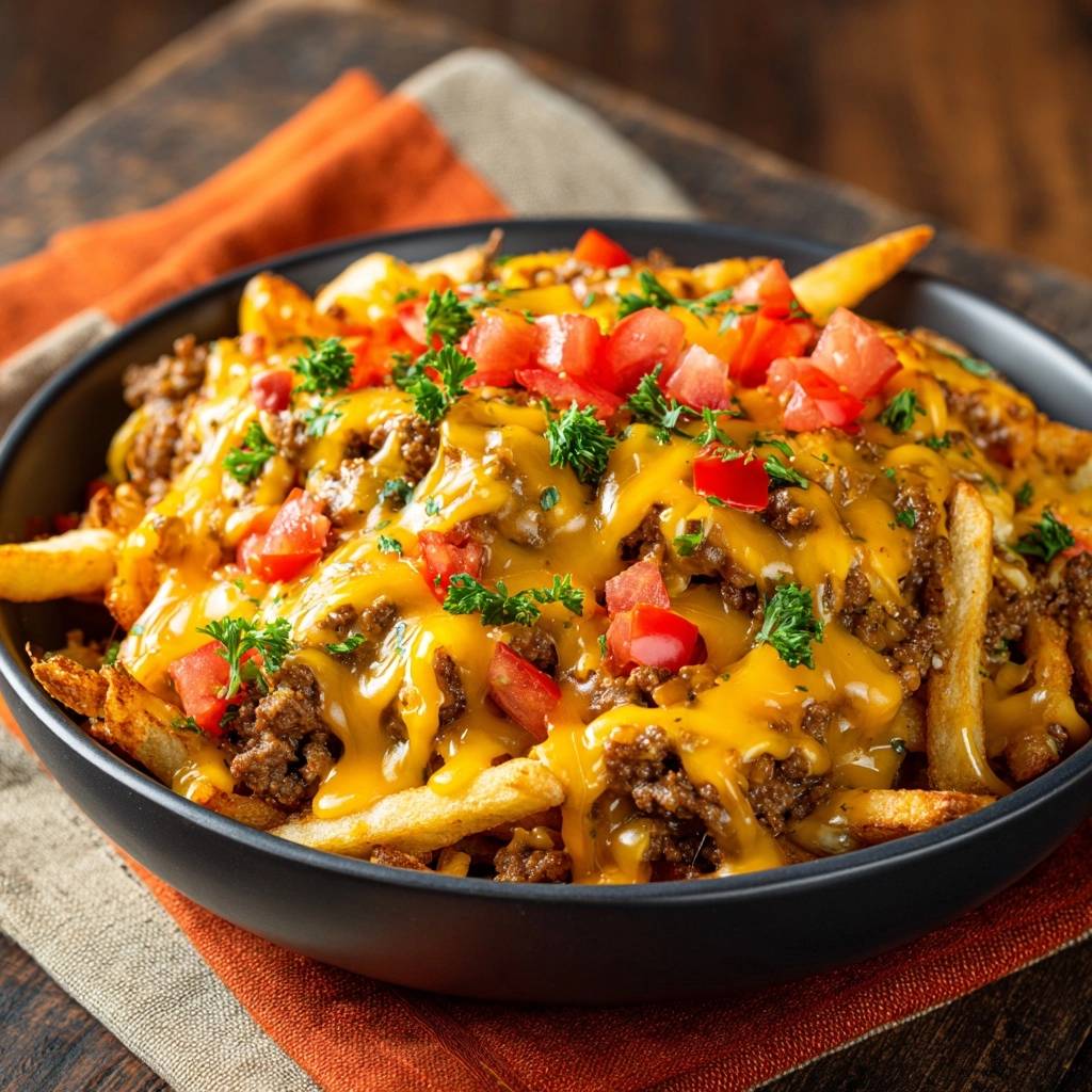 Beladene Chili Kase Pommes Garniert 1 Beladene Chili Käse Pommes, garniert mit frischen Tomatenwürfeln und Petersilie, in einer schwarzen Schüssel serviert.
