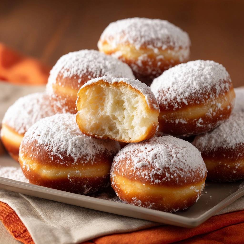 Berliner Krapfen Angeschnitten Mit Puderzucker 1 Berliner Krapfen angeschnitten mit Puderzucker bestäubt, die fluffige Innenseite ist gut sichtbar.