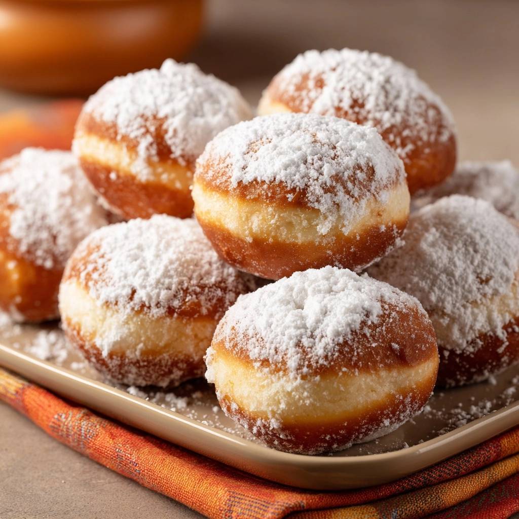 Berliner Krapfen mit Puderzucker bestäubt, auf einem Teller gestapelt, nahaufnahme des obersten Krapfens