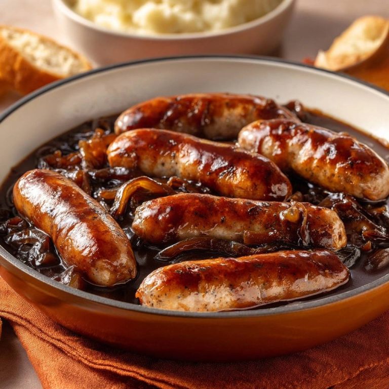 Saftige Bratwürstchen in Zwiebelsoße mit Kartoffelpüree, Nahaufnahme der in dunkler Soße geschmorten Würstchen