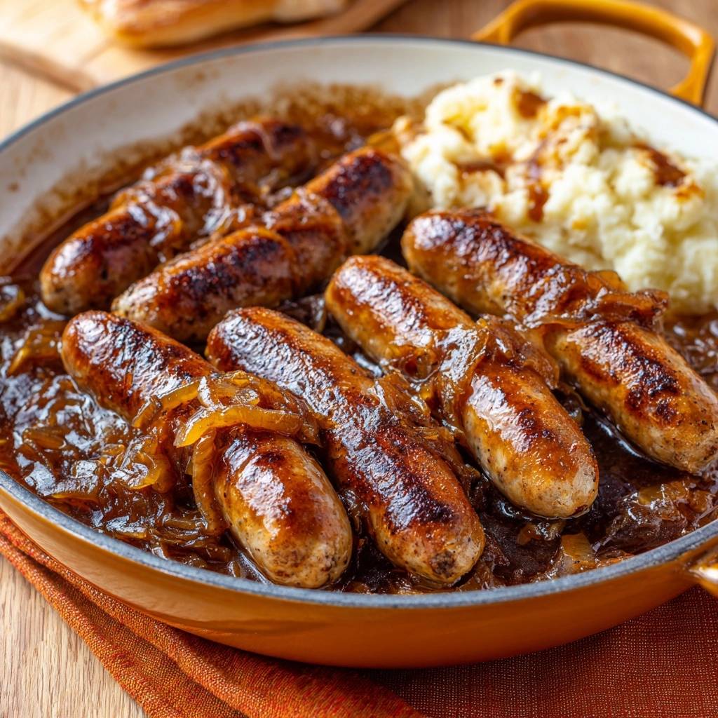 Saftige Bratwürstchen in Zwiebelsoße mit Kartoffelpüree, Nahaufnahme der gebratenen Würstchen in der Soße