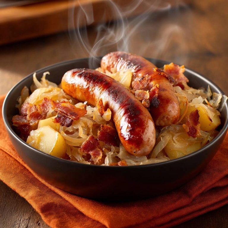 Bratwürste mit Sauerkraut und Speckkartoffeln, serviert in einer Schüssel mit heißem Dampf, der von der Portion aufsteigt.