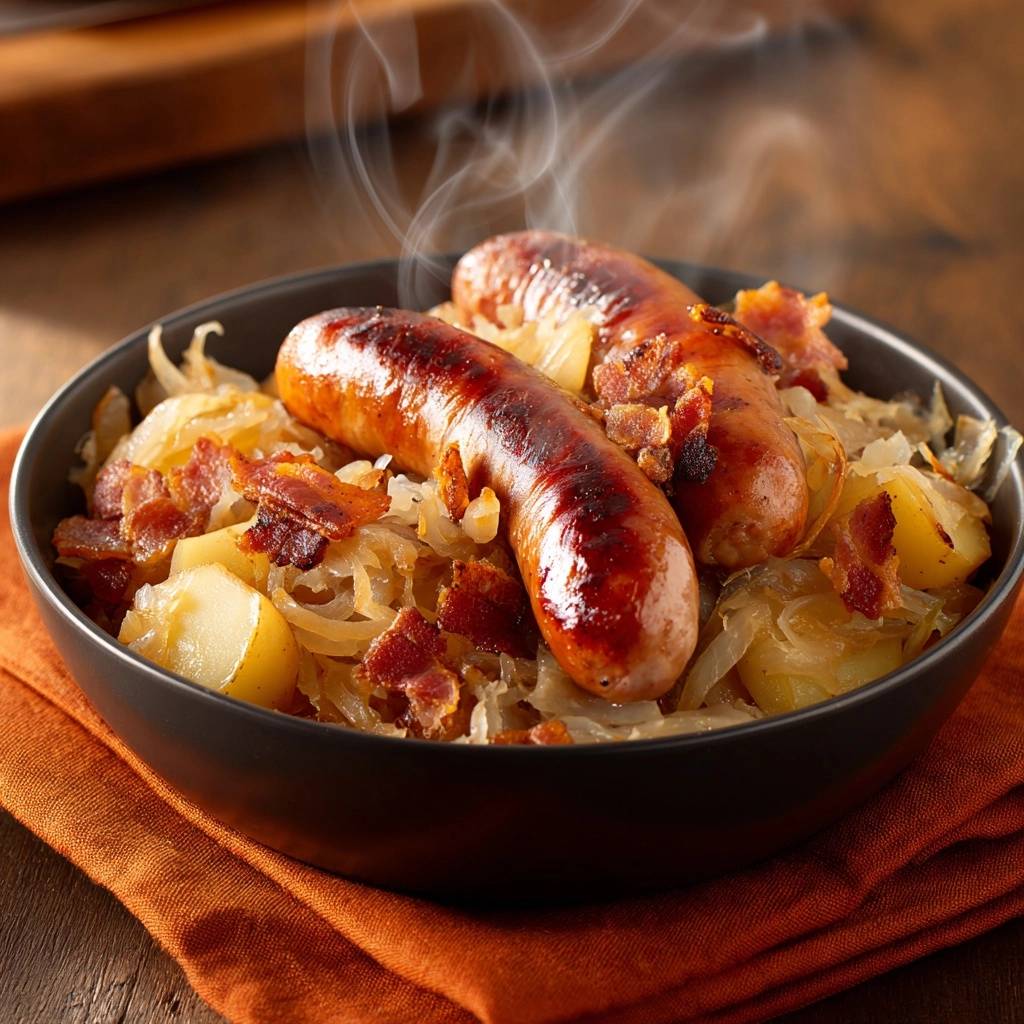 Bratwürste mit Sauerkraut und Speckkartoffeln, serviert in einer Schüssel mit heißem Dampf, der von der Portion aufsteigt.