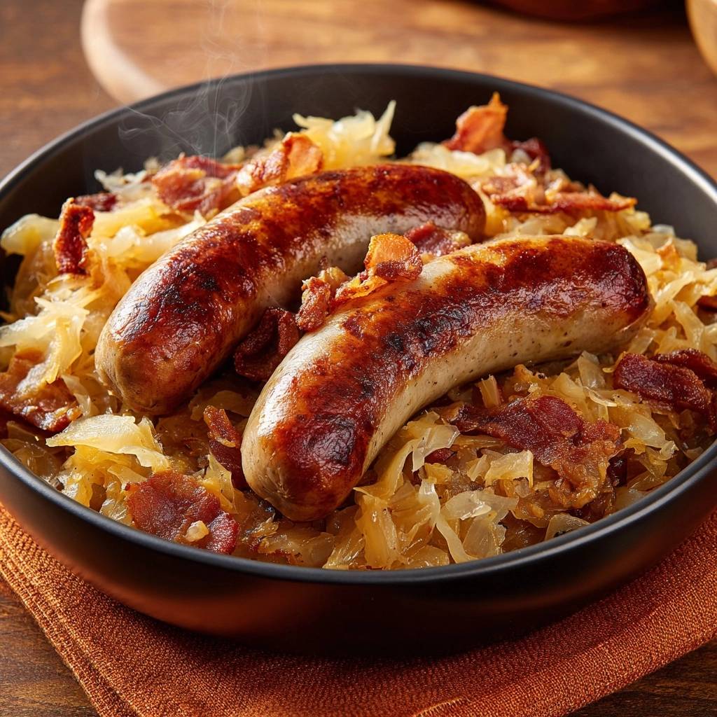 Bratwürste mit Sauerkraut und Speckkartoffeln, eine Nahaufnahme des dampfenden Gerichts in einer Schüssel.