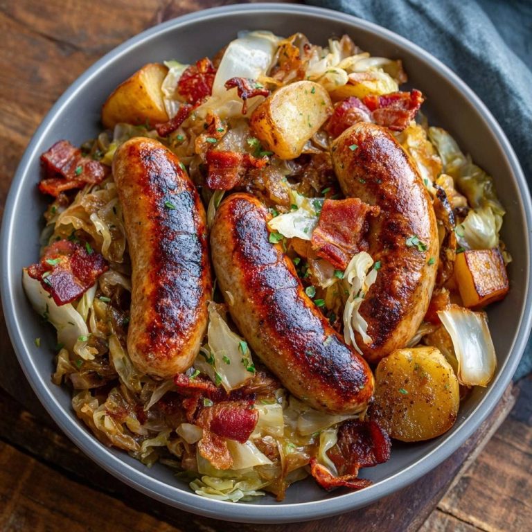 Bratwurst-Pfanne mit Sauerkraut, Kartoffeln & Speck, garniert mit Petersilie in einer Schüssel von oben