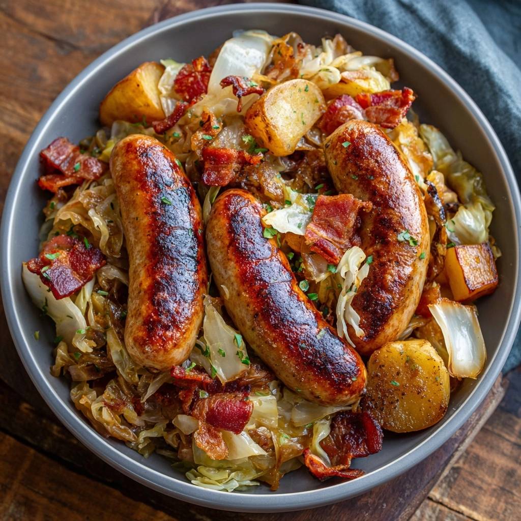 Bratwurst-Pfanne mit Sauerkraut, Kartoffeln & Speck, garniert mit Petersilie in einer Schüssel von oben