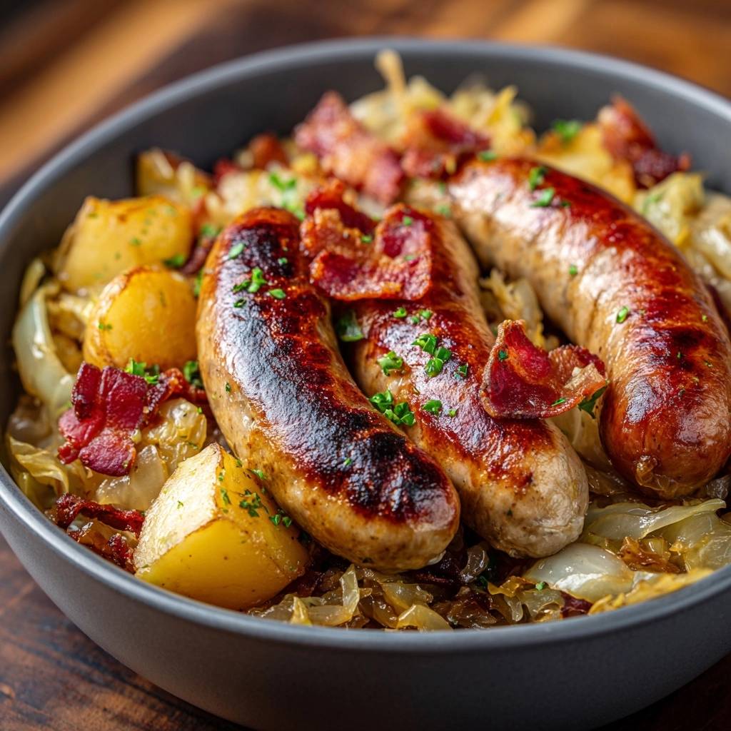 Bratwurst-Pfanne mit Sauerkraut, Kartoffeln & Speck, eine Nahaufnahme mit frischer Petersilie garniert.