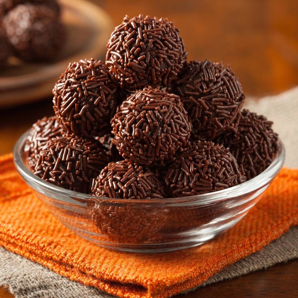 Brigadeiros Detail Schoko Streusel 1 Brigadeiros mit vielen Schokoladenstreuseln in einer Schüssel, Nahaufnahme der Textur