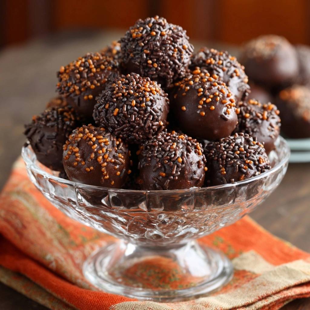 Brigadeiros in einer Glasschale, bestreut mit Schokoladen- und Zuckerstreuseln, Nahaufnahme