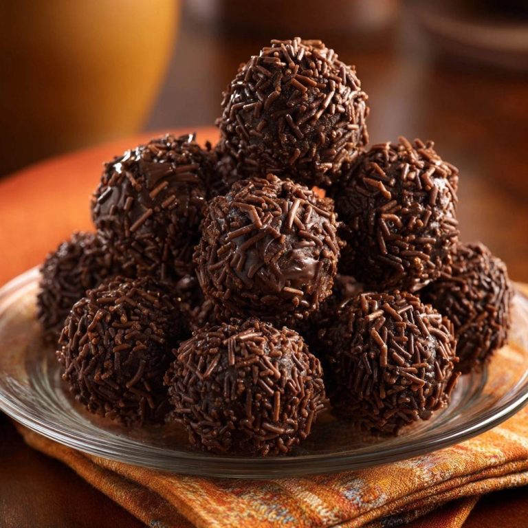 Brigadeiros sind kleine Schokoladenkugeln, die hier mit vielen Schokoladenstreuseln bedeckt sind.