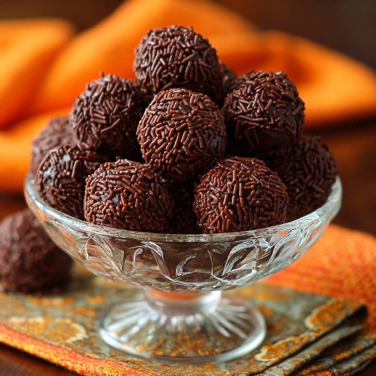 Brigadeiros sind kleine Schokoladenbällchen, die in Schokoladenstreuseln gewälzt sind und in einer Glasschale serviert werden.