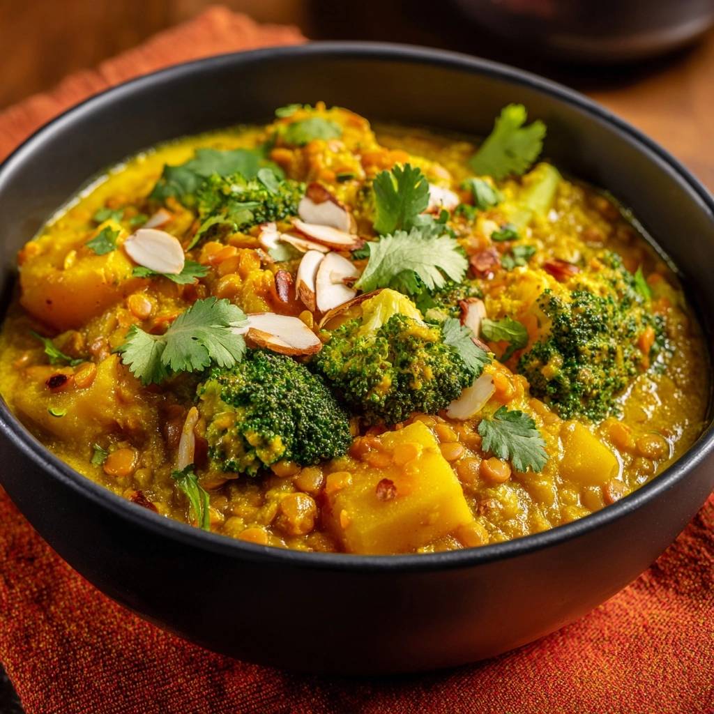 Brokkoli Linsen Curry Mit Kartoffeln Garniert 1 Brokkoli-Linsen-Curry mit Kartoffeln und Mandeln, garniert mit frischem Koriander und Mandelblättchen.