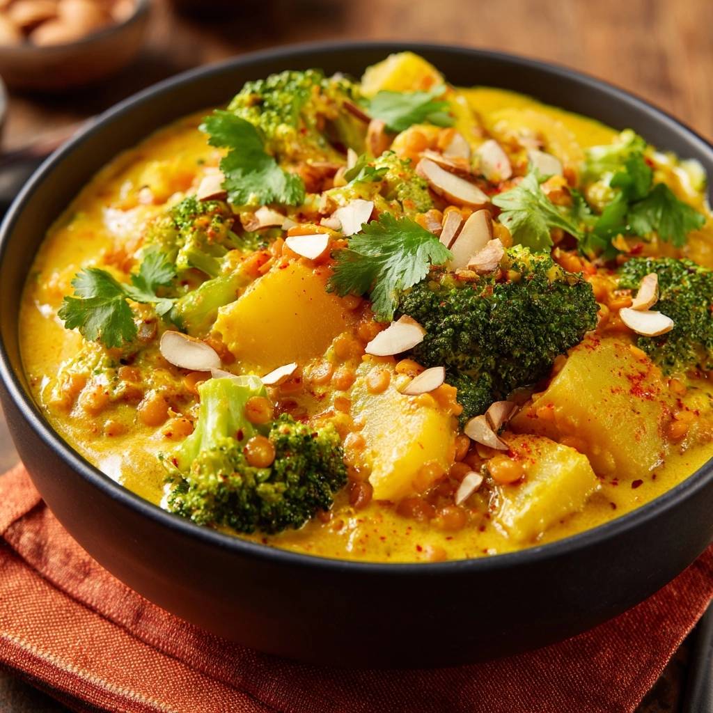 Brokkoli-Linsen-Curry mit Kartoffeln und Mandeln, nahaufnahme mit garnierten Mandelsplittern und Koriander.