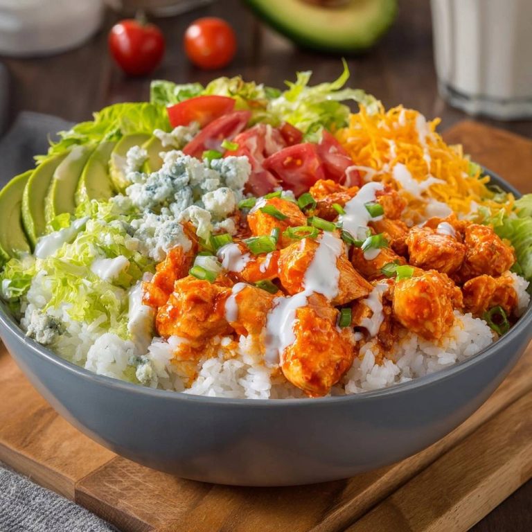 Buffalo-Hähnchen-Reis-Bowl, eine Nahaufnahme der Bowl mit Reis, Hähnchen, Avocado, Tomaten und Blauschimmelkäse.