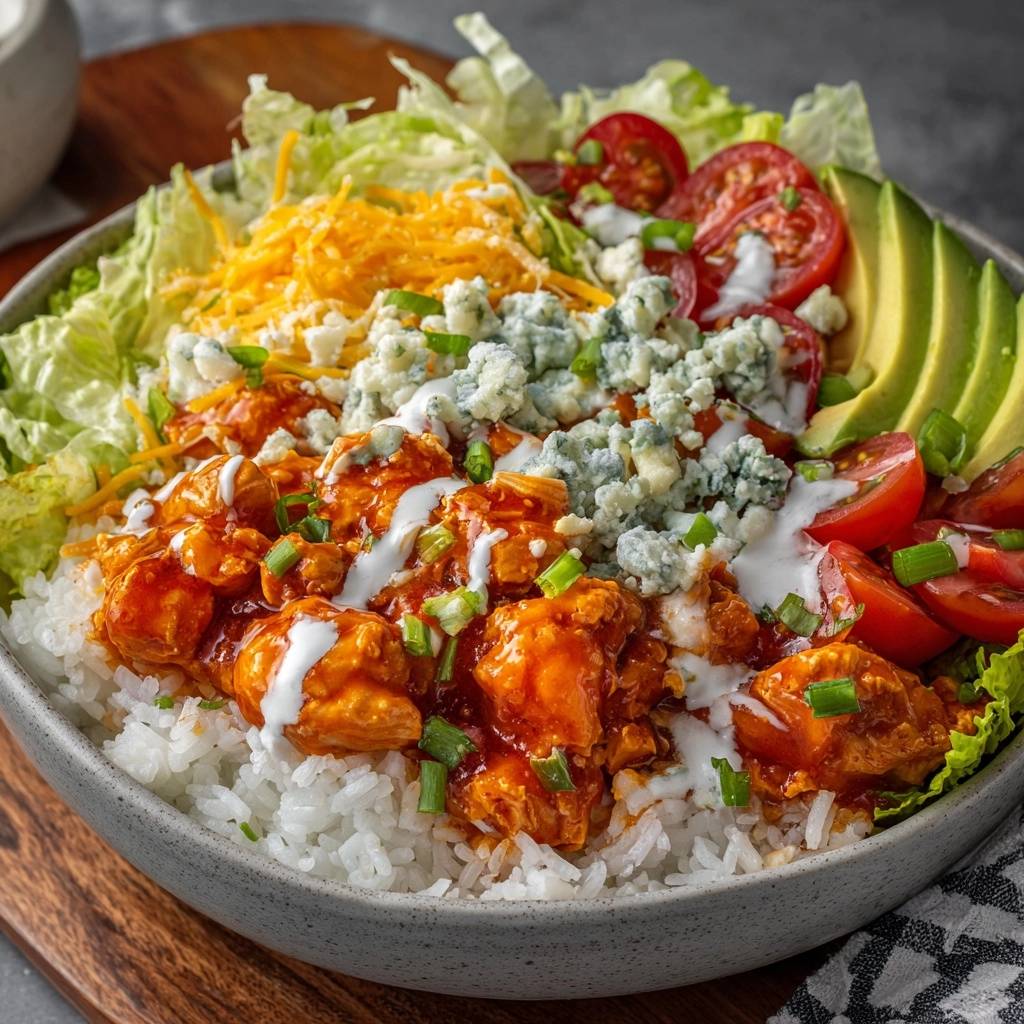 Buffalo-Hähnchen-Reis-Bowl mit saftigem Hähnchen, Reis, Gemüse und Blauschimmelkäse, nahaufnahme.