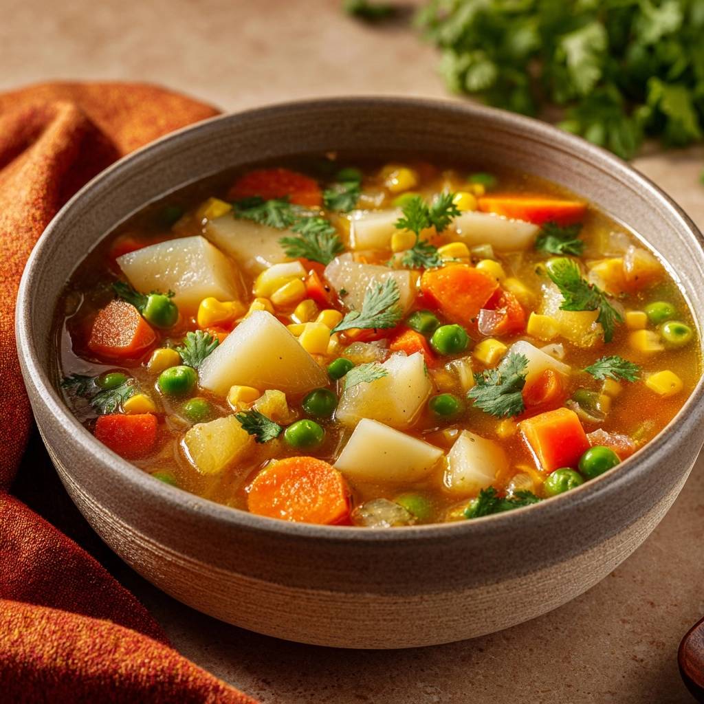 Bunte Gemüsesuppe in einer Schüssel mit Kartoffeln, Karotten und Erbsen, eine Nahaufnahme.