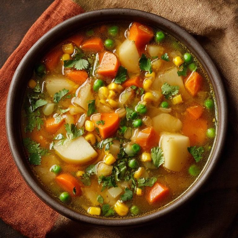 Bunte Gemüsesuppe als Nahaufnahme von oben in einer Schüssel mit Kartoffeln, Karotten, Erbsen und Mais.