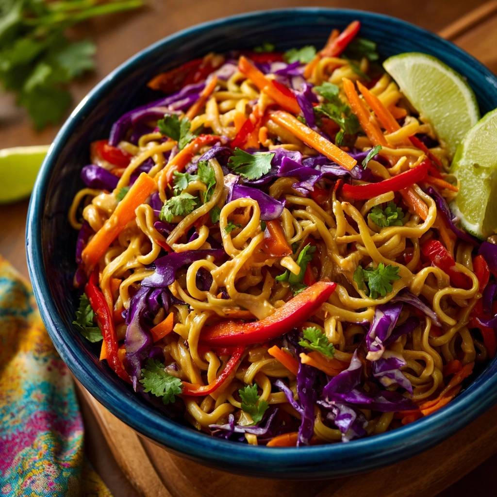 Bunter Thai Erdnuss Nudelsalat Nahaufnahme 1 Bunter Thai-Erdnuss-Nudelsalat in einer blauen Schüssel, Nahaufnahme der Nudeln mit Gemüse und Limette