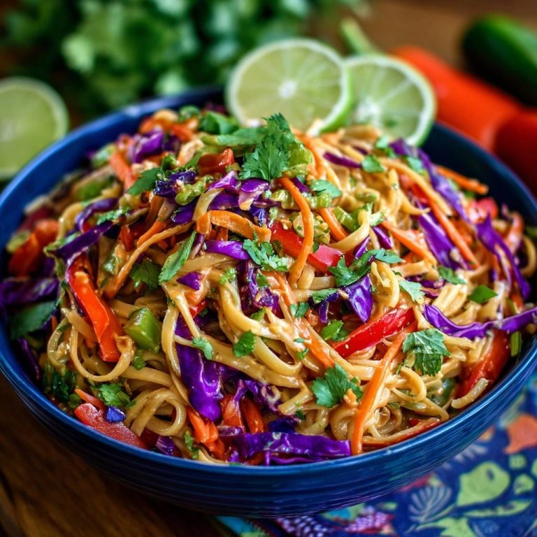 Bunter Thai-Erdnuss-Nudelsalat in einer blauen Schüssel, nahaufnahme der frischen Zutaten und Erdnusssauce.