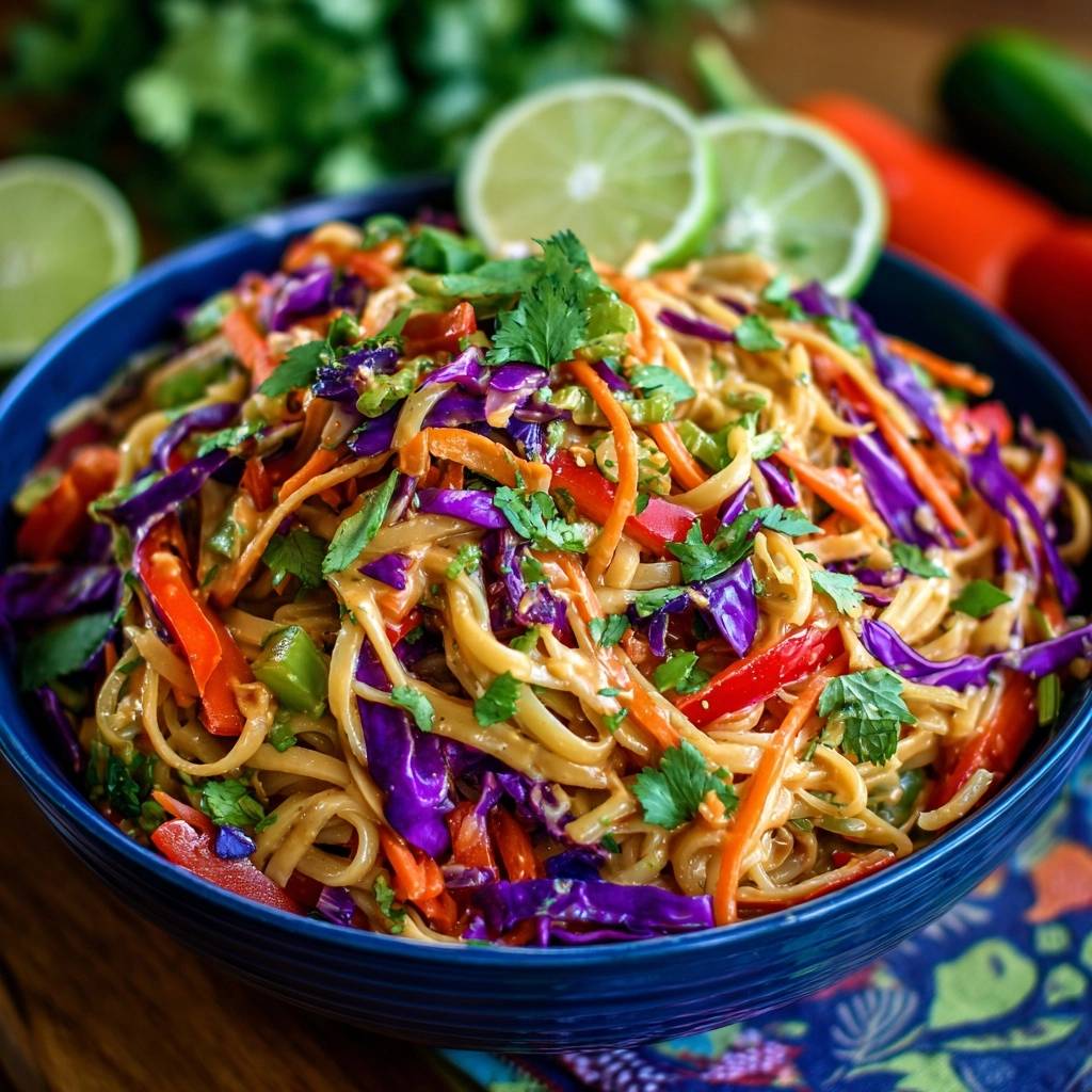 Bunter Thai-Erdnuss-Nudelsalat in einer blauen Schüssel, nahaufnahme der frischen Zutaten und Erdnusssauce.