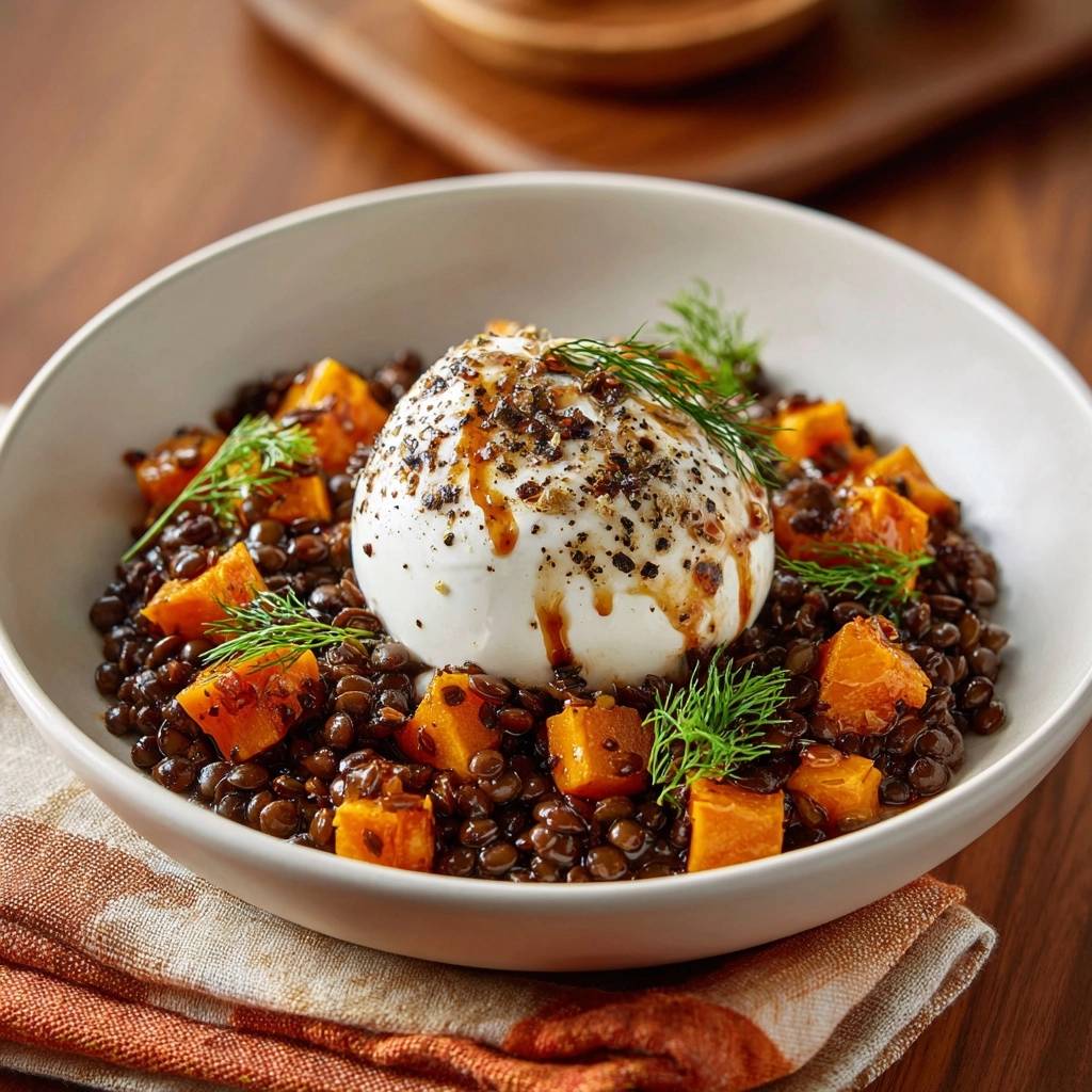 Burrata-Linsen-Bowl mit geröstetem Kürbis, serviert mit einem cremigen Burrata-Käse und frischen Kräutern.