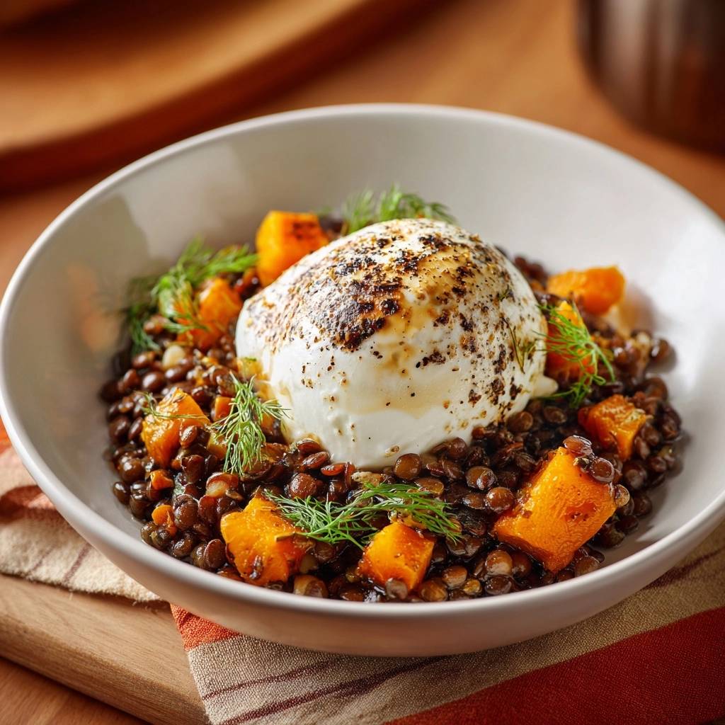 Burrata Linsen Bowl Nahaufnahme Krbis Feta 1 Burrata-Linsen-Bowl mit geröstetem Kürbis und Feta, serviert in einer Schüssel mit Dill garniert.