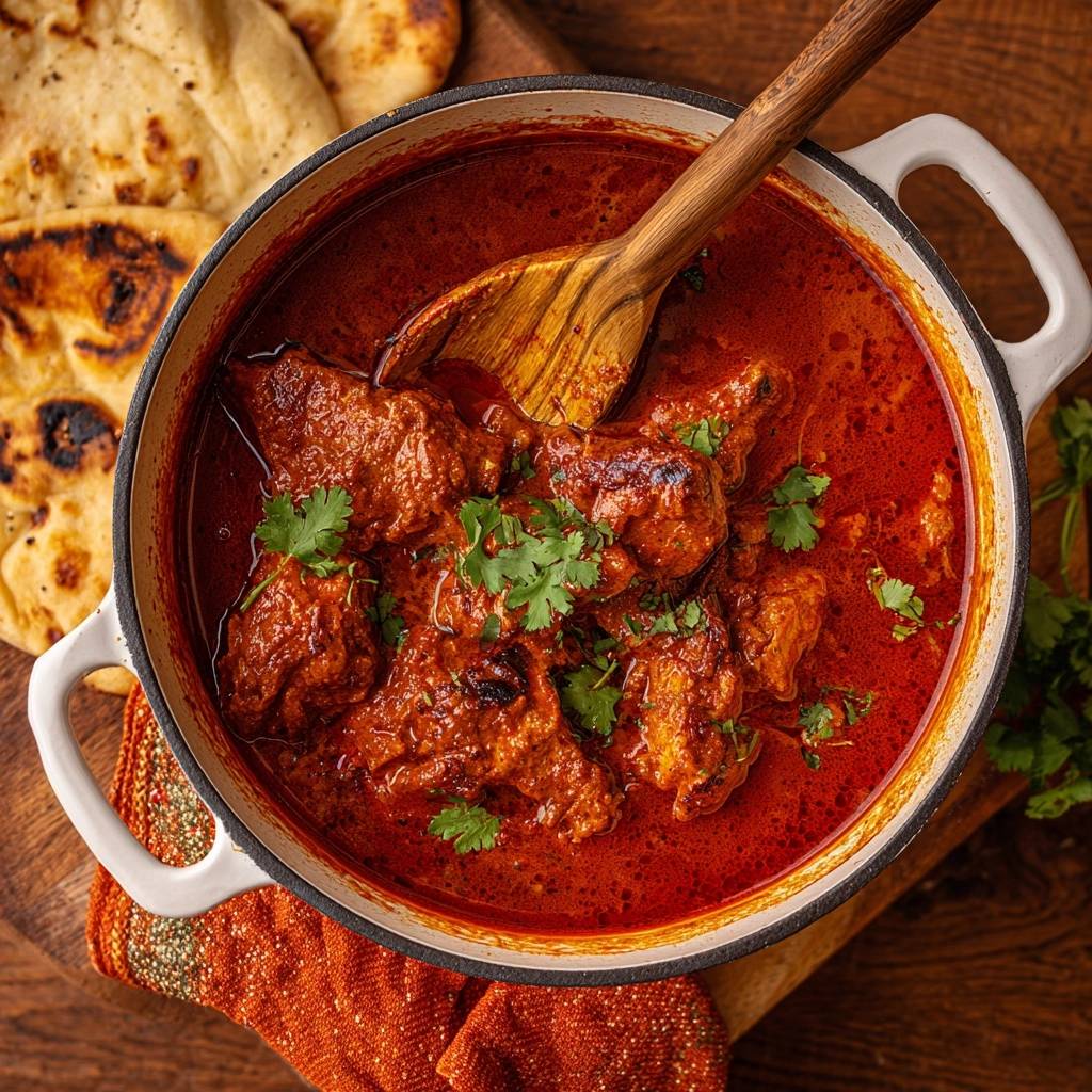 Butter Chicken In Topf Mit Lffel 1 Saftiges Butter Chicken mit Naan, im Kochtopf mit einem Holzkochlöffel und frischem Koriander garniert, von oben gesehen.