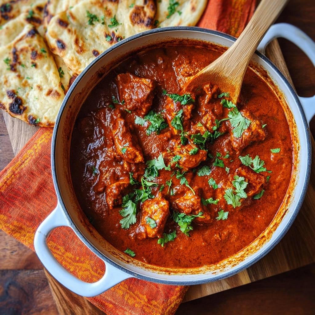 Saftiges Butter Chicken mit Naan, serviert in einer Pfanne und garniert mit frischem Koriander.