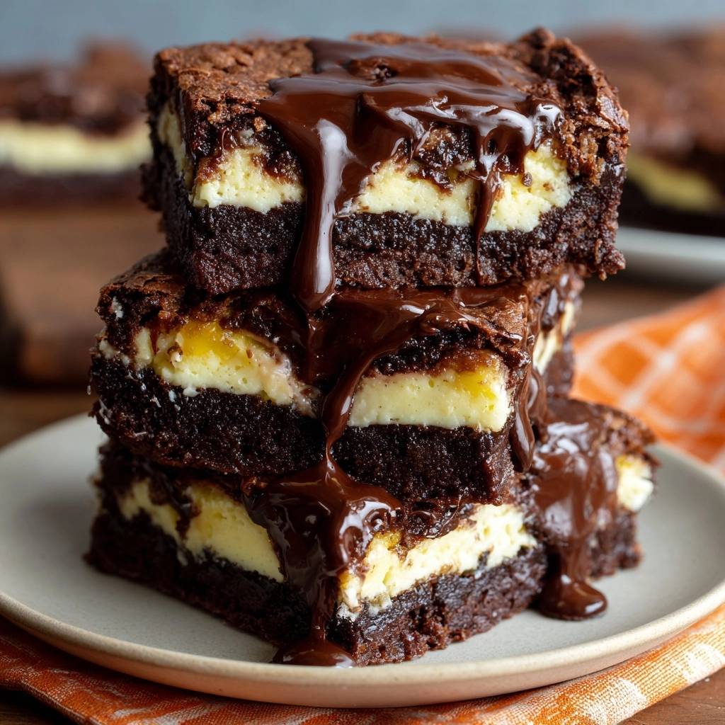 Cheesecake-Brownies mit einer Nahaufnahme von geschmolzener Schokoladensauce, die über die gestapelten Brownies tropft.