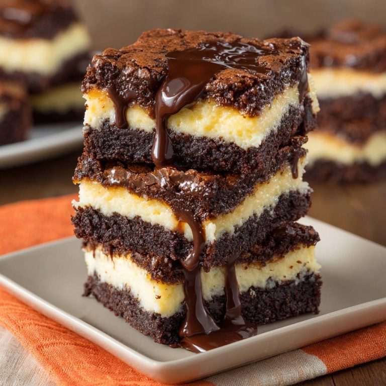 Cheesecake-Brownies gestapelt auf einem Teller, mit reichlich Schokoladenglasur, die von den oberen Schichten tropft.
