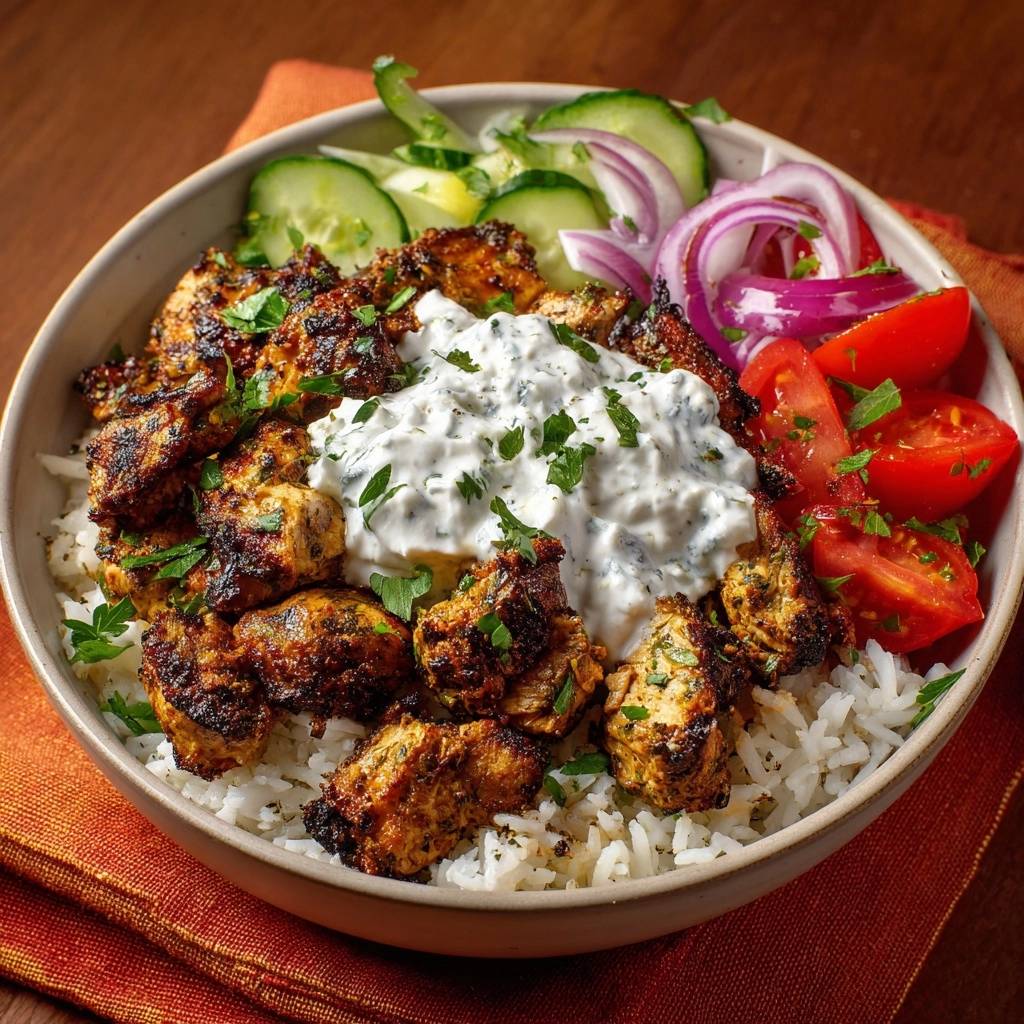 Würziges Hähnchen-Tikka-Bowl Rezept mit Reis, Joghurt-Dressing und frischen Gemüsesorten, garniert mit Petersilie.