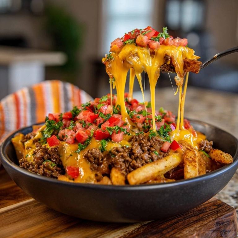 Beladene Chili Käse Pommes mit schmelzendem Käse auf einer Gabel, die aus der Schüssel gehoben wird.