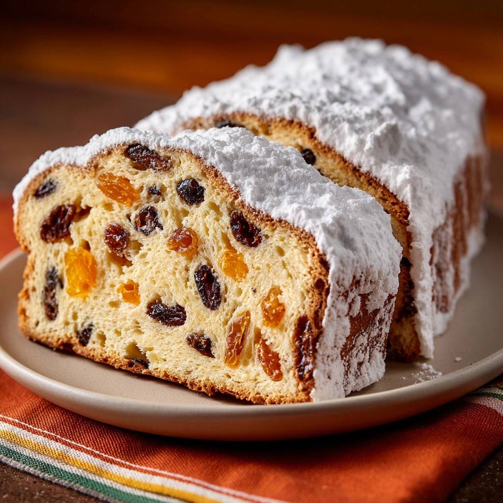 Christstollen Angeschnitten Mit Puderzucker 1 2 Christstollen angeschnitten mit Puderzucker und Rosinen, eine Nahaufnahme des saftigen Inneren.