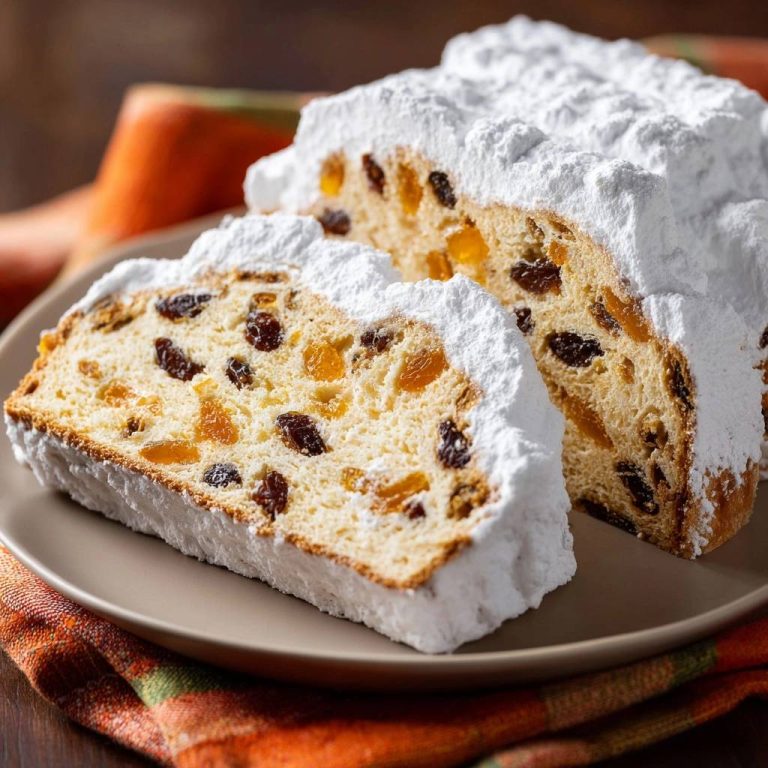 Christstollen angeschnitten mit Puderzucker und Rosinen, ein süßes Weihnachtsgebäck auf einem Teller serviert.