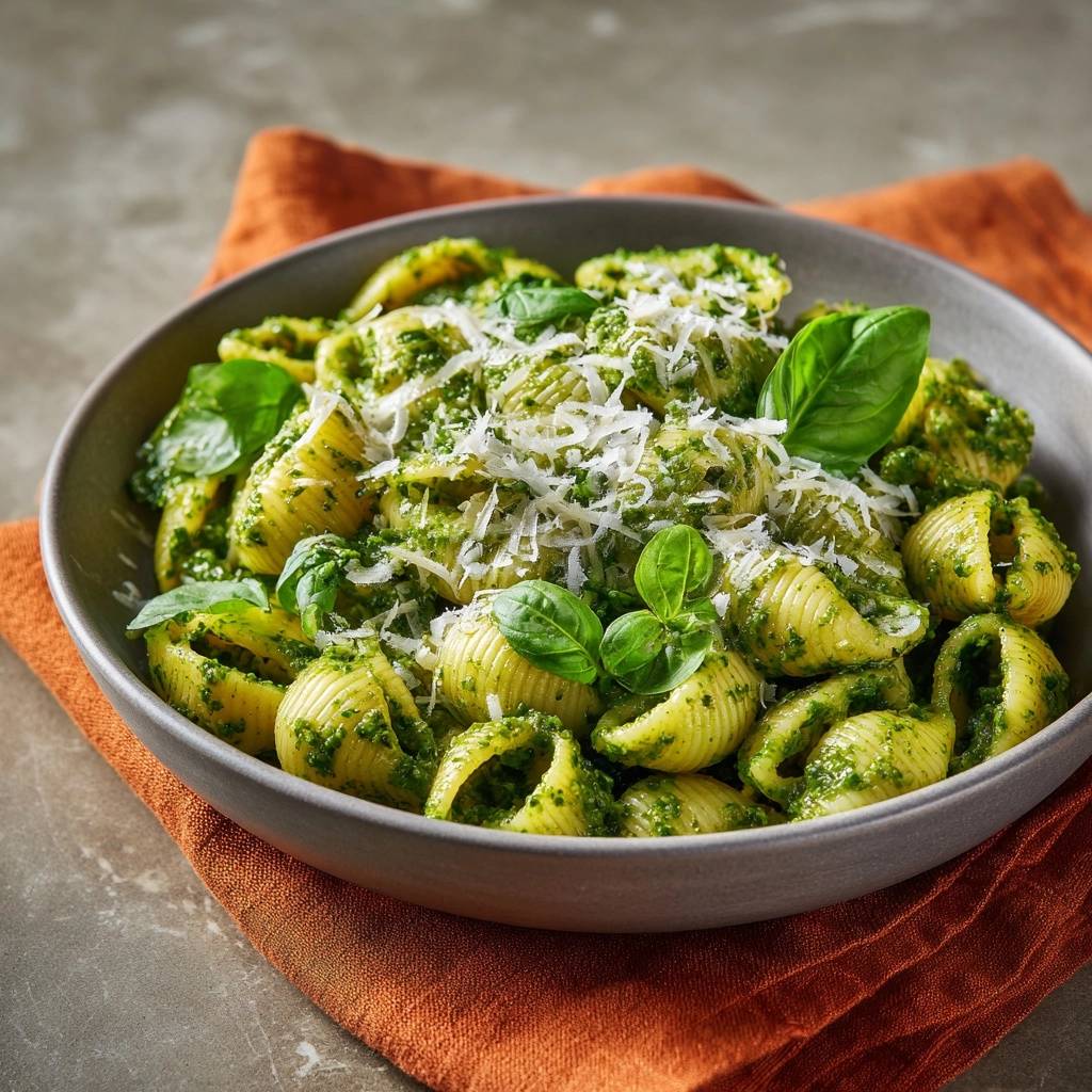 Conchiglie mit cremigem Basilikum-Pesto, garniert mit frischem Basilikum und geriebenem Parmesan.