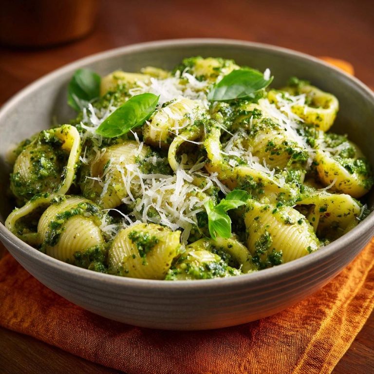 Conchiglie mit cremigem Basilikum-Pesto, garniert mit frischem Basilikum und Parmesan, nahaufnahme der Textur