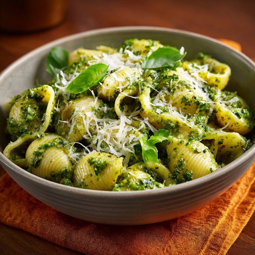 Conchiglie mit cremigem Basilikum-Pesto, garniert mit frischem Basilikum und Parmesan, nahaufnahme der Textur