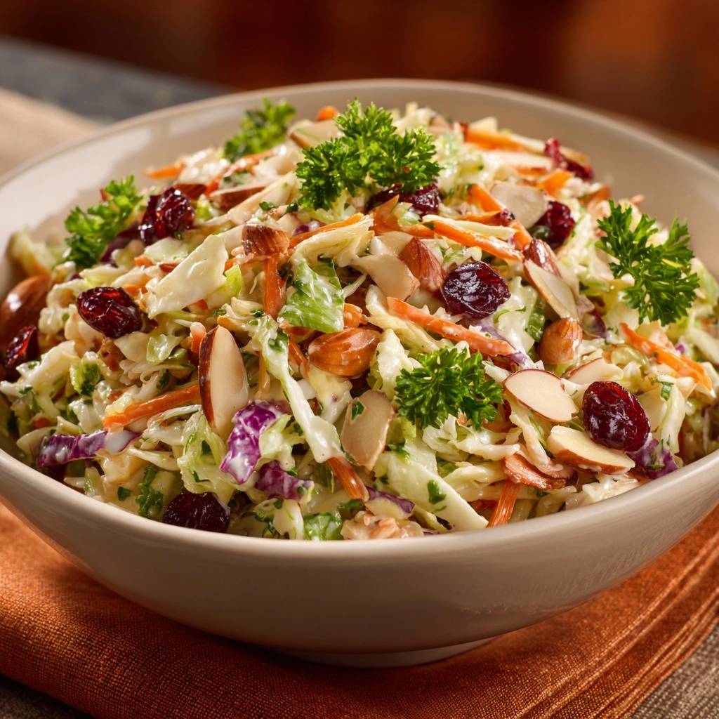 Knackiger Cranberry-Mandel-Krautsalat, eine Nahaufnahme mit Petersilienkredenz und gerösteten Mandelscheiben.