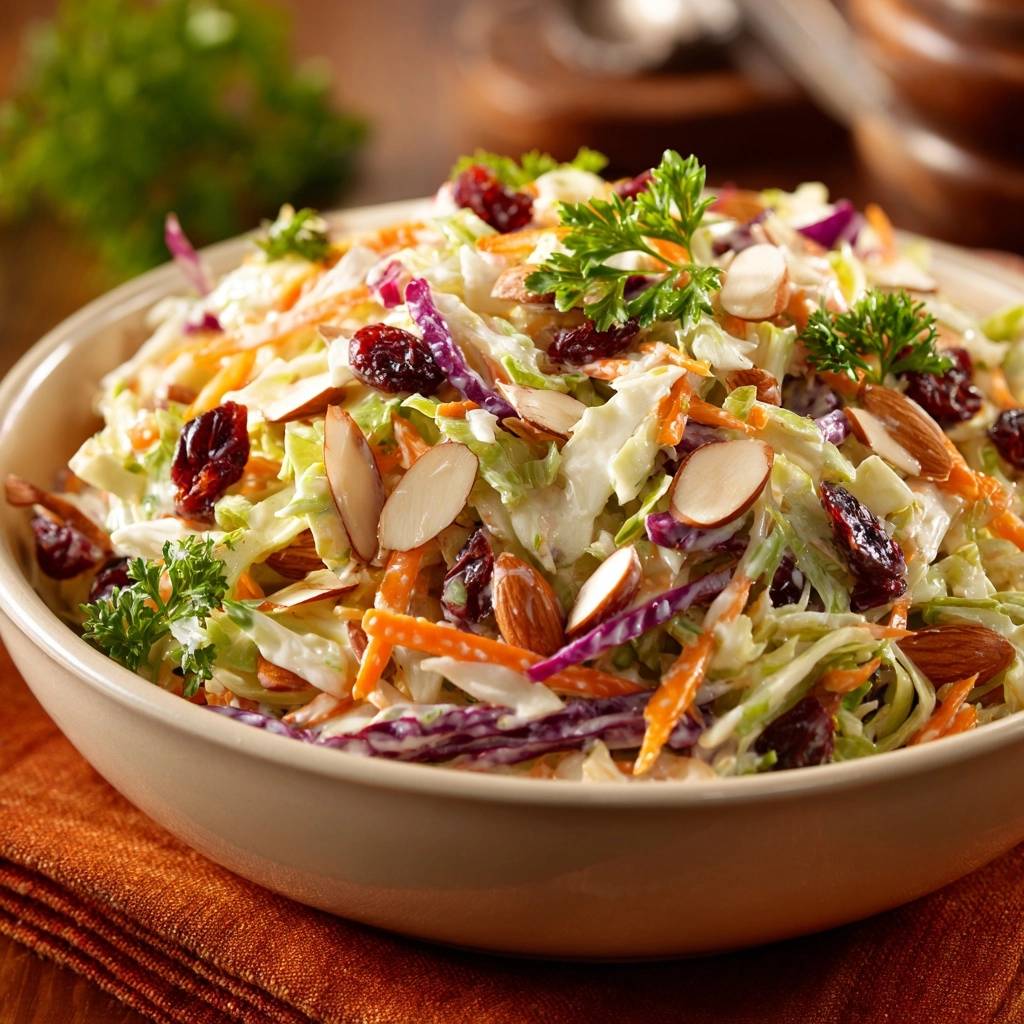 Knackiger Cranberry-Mandel-Krautsalat in einer Schüssel, Nahaufnahme mit Mandelsplittern und Cranberries garniert