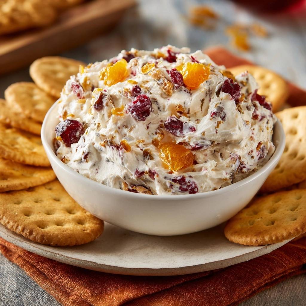 Cranberry Orangen Frischkaese Dip Nahaufnahme 1 Cranberry-Orangen-Frischkäse-Dip als Nahaufnahme mit saftigen Cranberries und Orangenspalten, umgeben von Crackern.