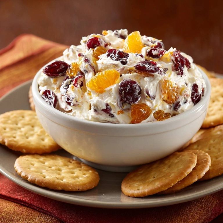 Cranberry-Orangen-Frischkäse-Dip, ein cremiger Dip garniert mit Cranberries und Orangenscheiben, serviert mit Crackern.