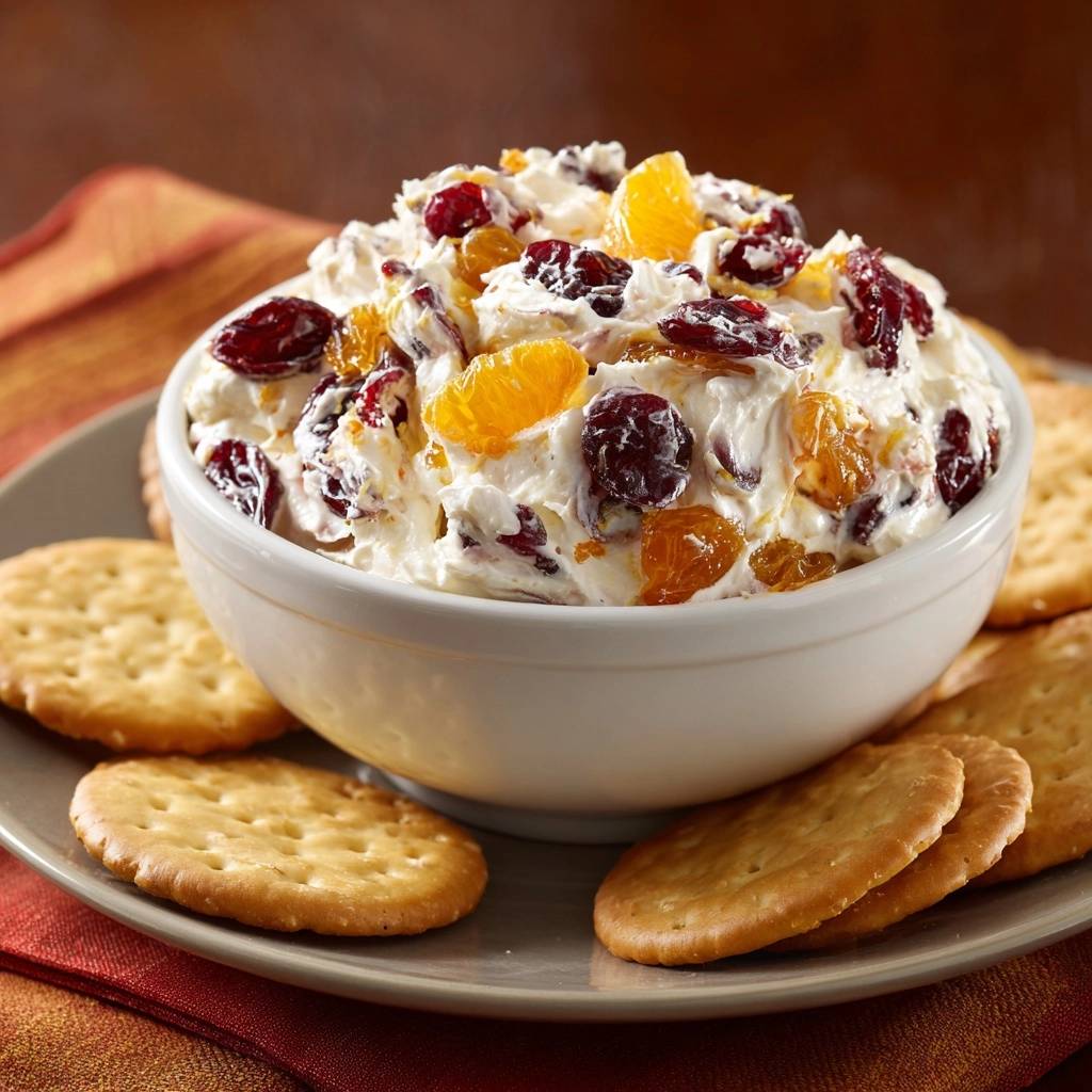 Cranberry-Orangen-Frischkäse-Dip, ein cremiger Dip garniert mit Cranberries und Orangenscheiben, serviert mit Crackern.