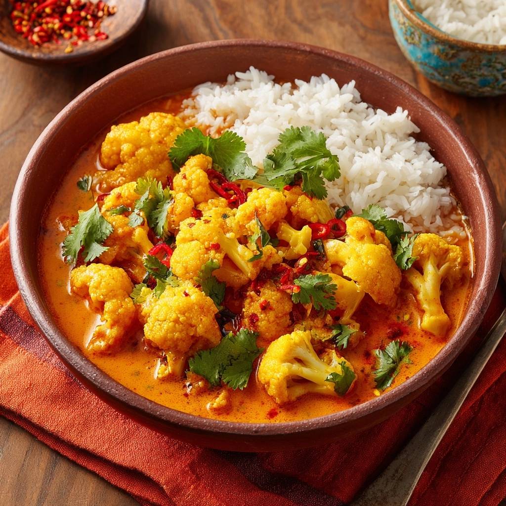 Cremig Blumenkohl Curry Detail 1 Cremiges Blumenkohl-Curry mit Basmatireis, garniert mit frischem Koriander und Chiliflocken in einer Schüssel.