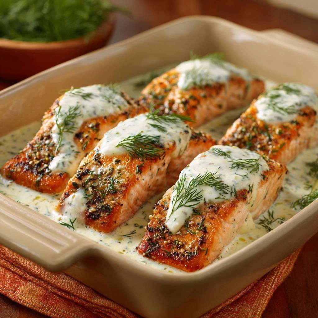 Cremiger Dill-Lachs aus dem Ofen, saftig und einfach, mit cremiger Sauce und frischem Dill garniert.