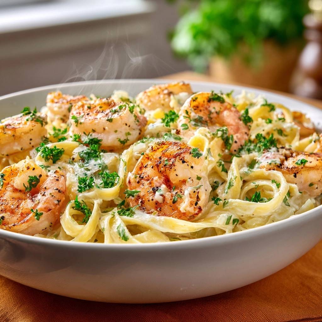 Cremige Garnelen-Linguine mit saftigen Garnelen und frischer Petersilie, die heißen Dampf aufsteigen lassen.