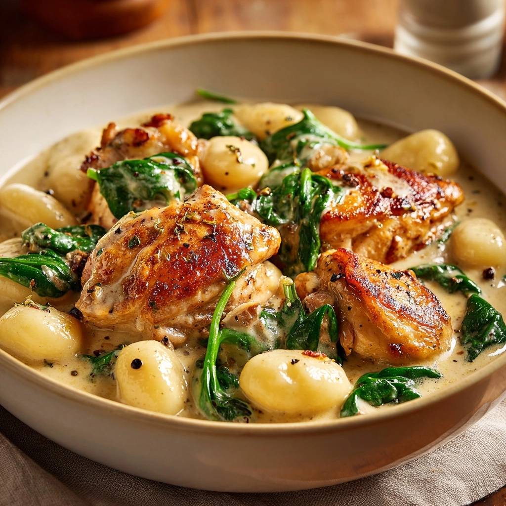 Cremig Gnocchi Huhn Spinat Nahaufnahme 1 Cremiges Gnocchi mit Hähnchen-Spinat als Nahaufnahme mit cremiger Sauce und zarten Gnocchi