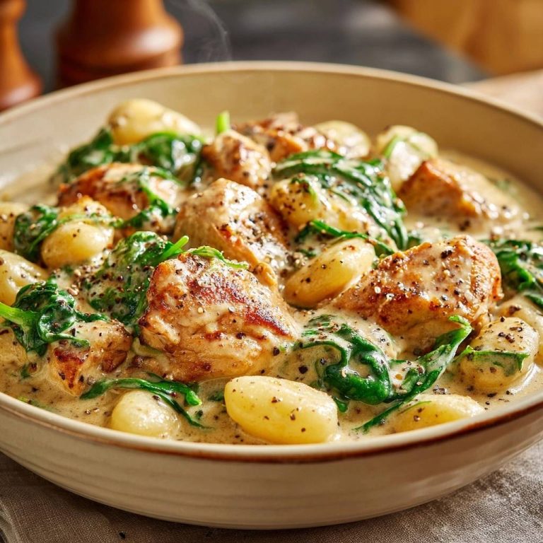 Cremiges Gnocchi mit Hähnchen-Spinat in cremiger Sauce, Nahaufnahme, mit frisch gemahlenem Pfeffer bestreut.