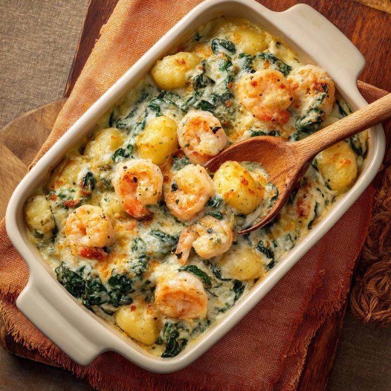 Cremiger Gnocchi-Spinat-Garnelen-Auflauf mit Garnelen und Gnocchi in cremiger Sauce, Nahaufnahme in Auflaufform