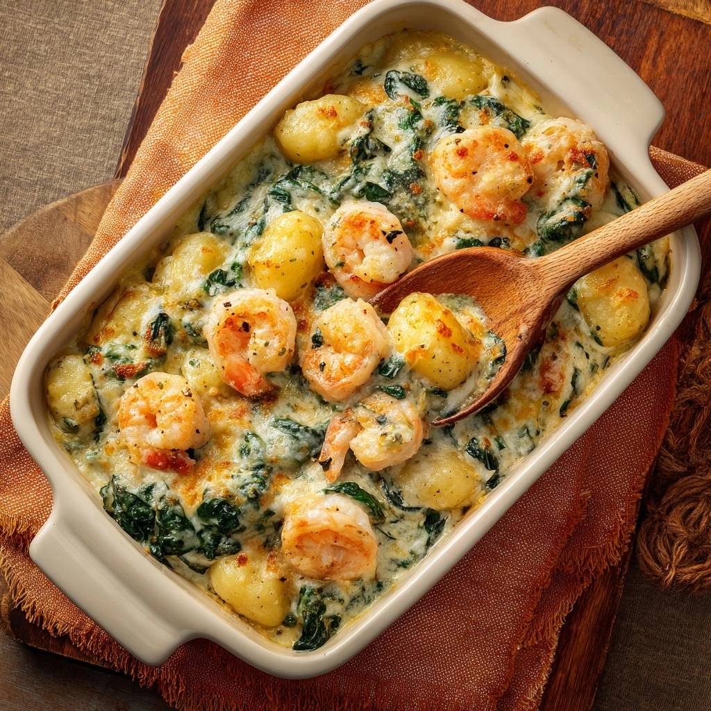 Cremiger Gnocchi-Spinat-Garnelen-Auflauf mit Garnelen und Gnocchi in cremiger Sauce, Nahaufnahme in Auflaufform