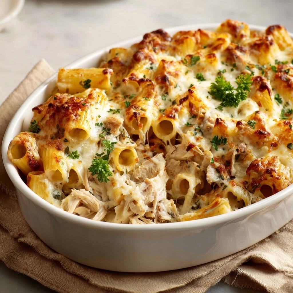 Cremiger Hähnchen-Rigatoni-Auflauf mit geschmolzenem Käse und frischer Petersilie, nah aufgenommen im Auflauf.